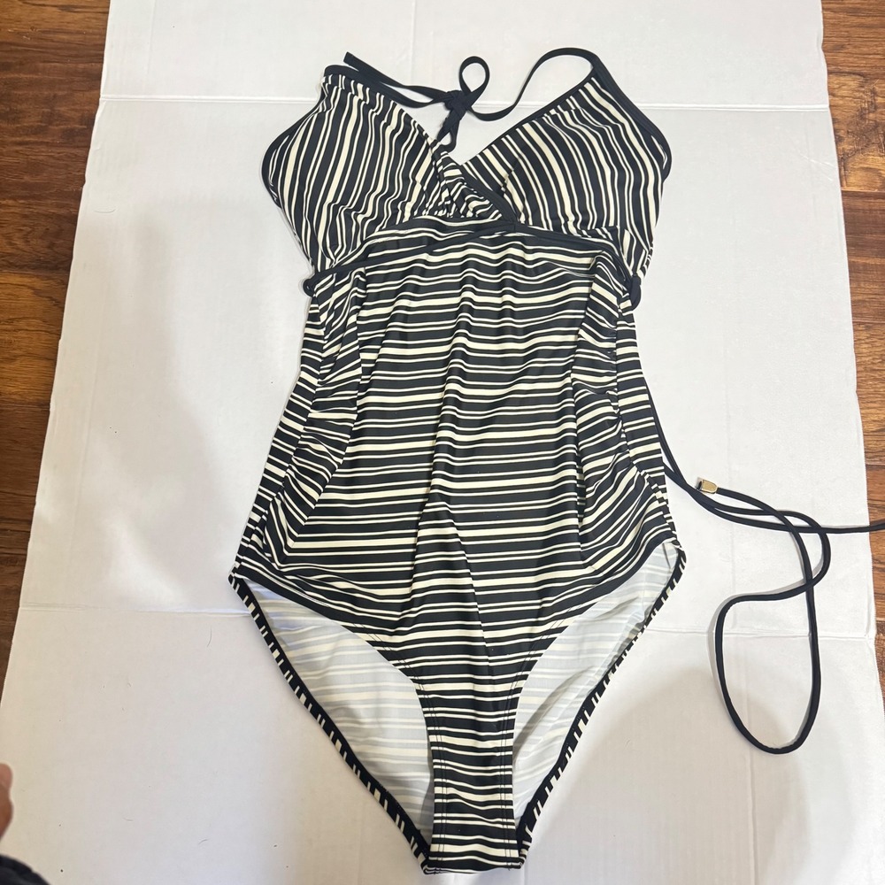Motherhood Maternity Black‎ White Striped Halter One Piece Swimsuit Size Medium